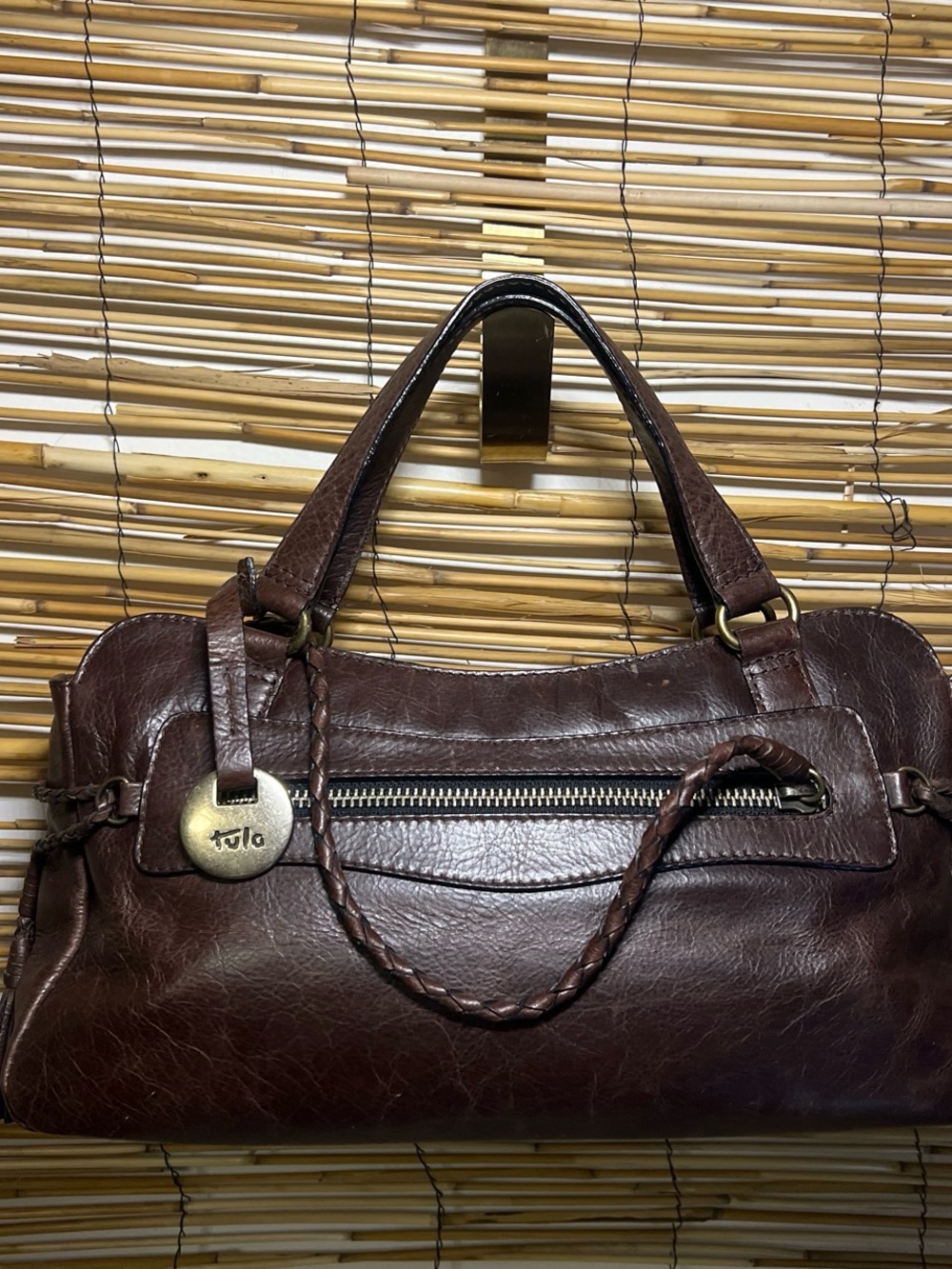 Tula Dark Brown Leather Shoulder Bag with Braided Accento